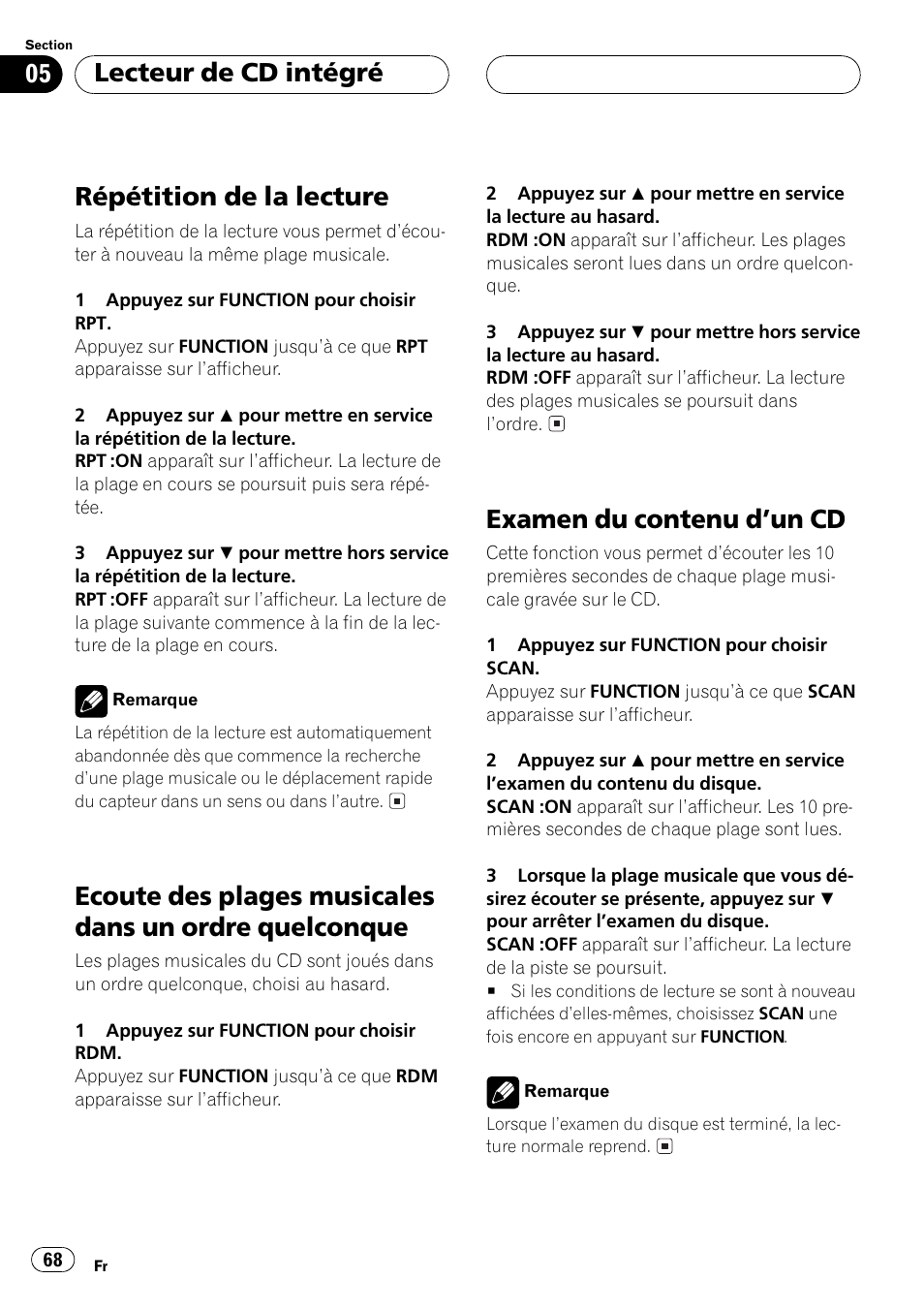 Répétition de la lecture 68, Ecoute des plages musicales dans un ordre, Quelconque 68 | Examen du contenu dun cd 68, Répétition de la lecture, Examen du contenu dun cd, Lecteur de cd intégré | Pioneer DEH-P5500MP User Manual | Page 68 / 160