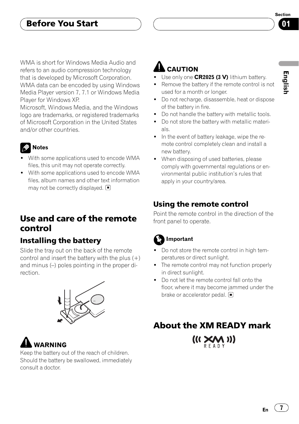 Use and care of the remote control 7, Installing the battery 7, Using the remote control 7 | About the xmready mark 7, Use and care of the remote control, About the xm ready mark before you start, Installing the battery, Using the remote control | Pioneer DEH-P5500MP User Manual | Page 7 / 160
