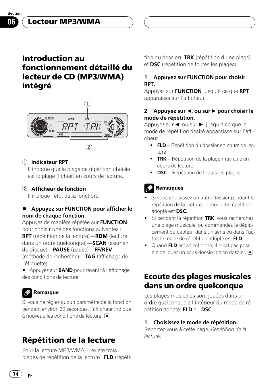 Introduction au fonctionnement détaillé du, Lecteur de cd (mp3/wma) intégré 74, Répétition de la lecture 74 | Ecoute des plages musicales dans un ordre, Quelconque 74, Répétition de la lecture, Lecteur mp3/wma | Pioneer DEH-P5500MP User Manual | Page 74 / 160