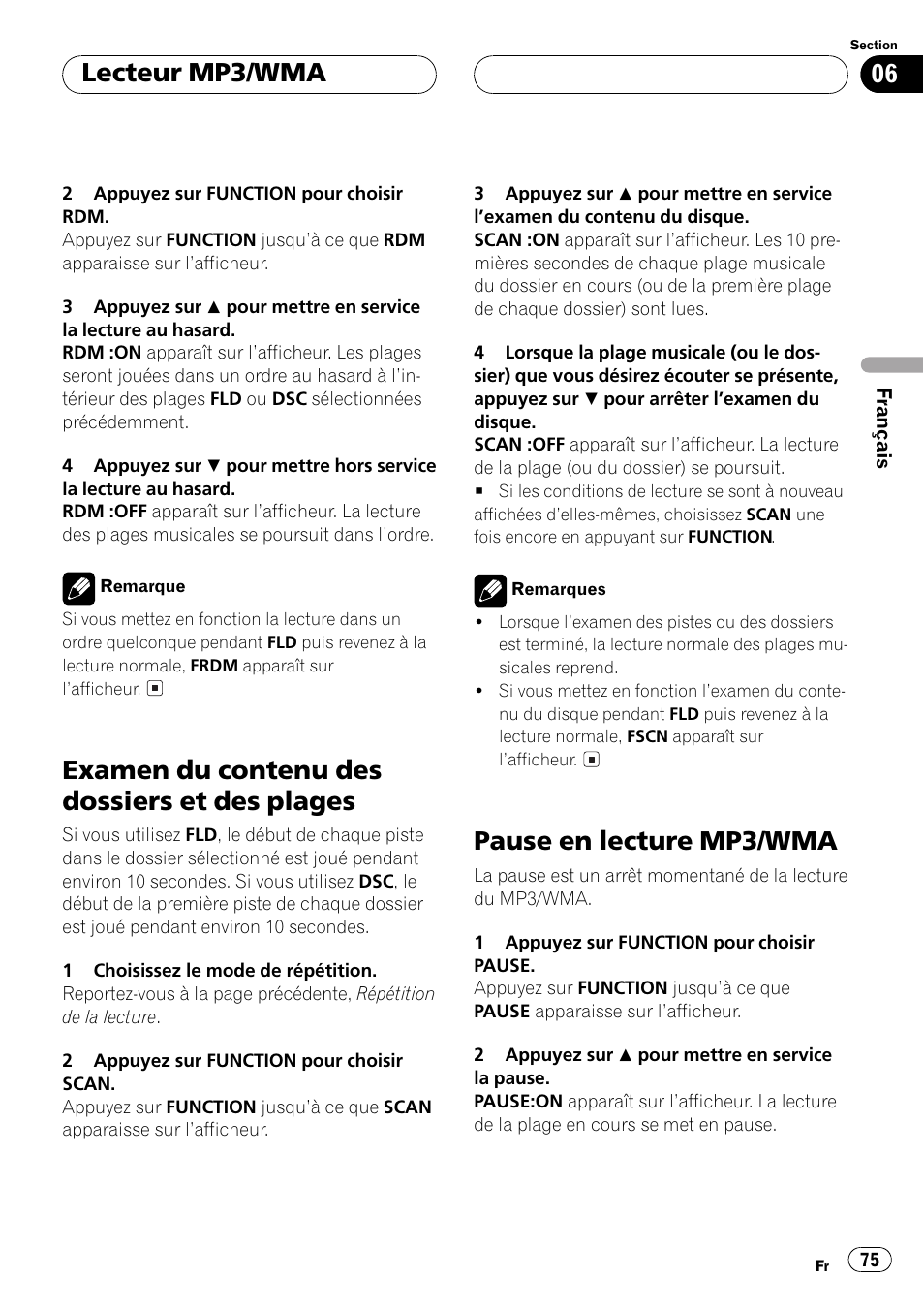 Examen du contenu des dossiers et des, Plages 75, Pause en lecture mp3/wma 75 | Examen du contenu des dossiers et des plages, Pause en lecture mp3/wma, Lecteur mp3/wma | Pioneer DEH-P5500MP User Manual | Page 75 / 160
