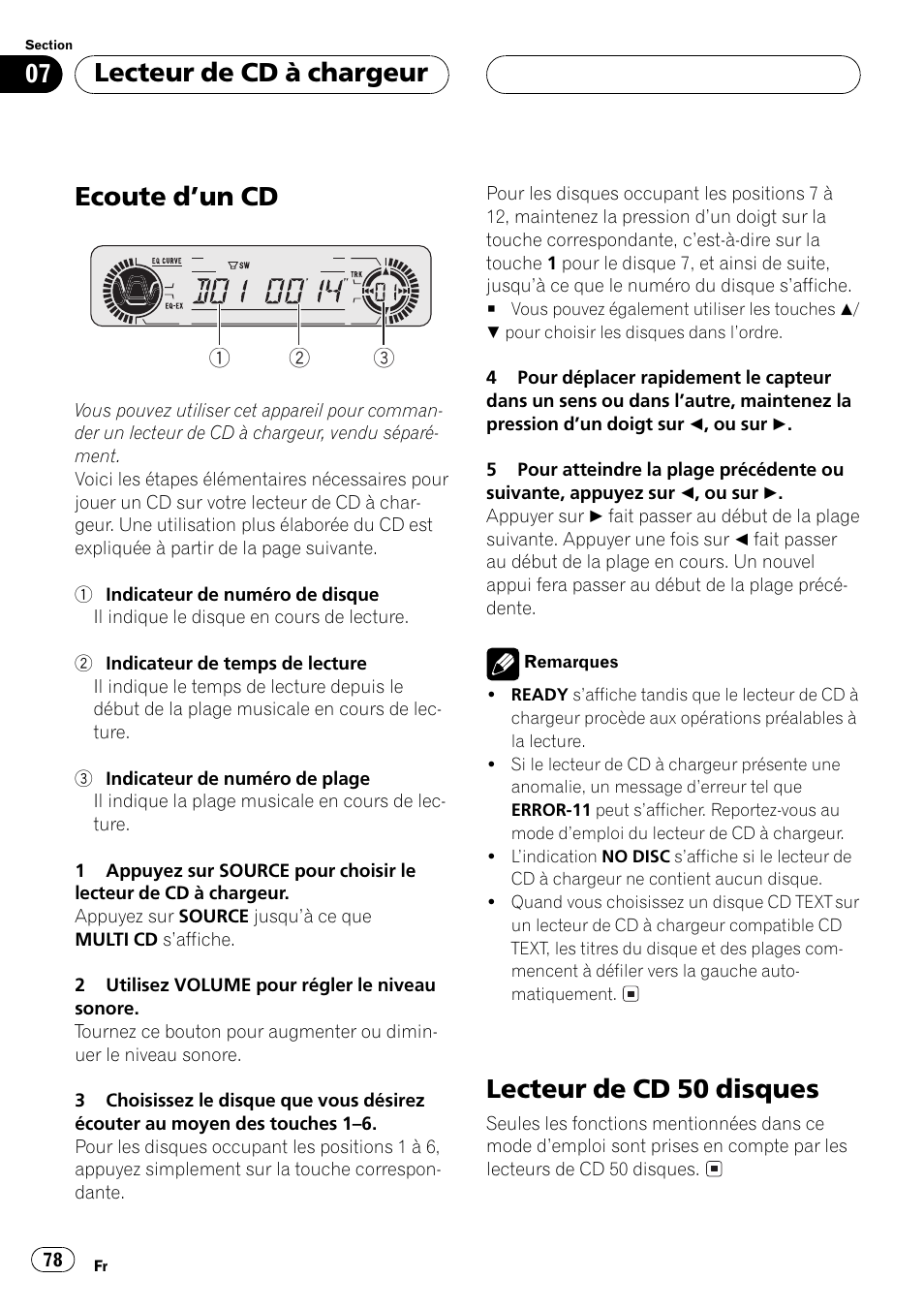 Lecteur de cd à chargeur, Ecoute dun cd 78, Lecteur de cd 50 disques 78 | Ecoute dun cd, Lecteur de cd 50 disques | Pioneer DEH-P5500MP User Manual | Page 78 / 160
