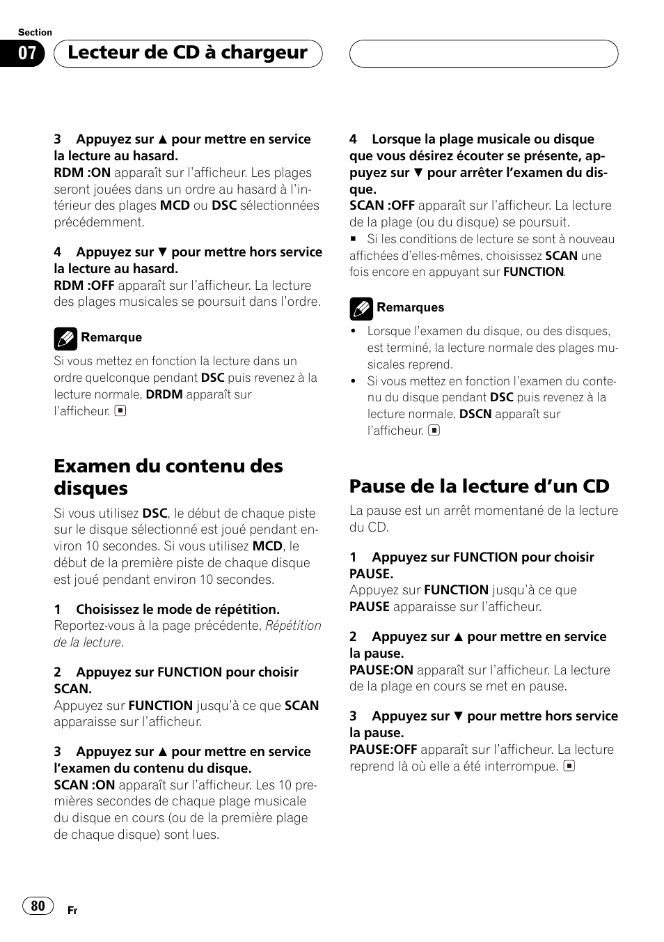 Examen du contenu des disques 80, Pause de la lecture dun cd 80, Examen du contenu des disques | Pause de la lecture dun cd, Lecteur de cd à chargeur | Pioneer DEH-P5500MP User Manual | Page 80 / 160