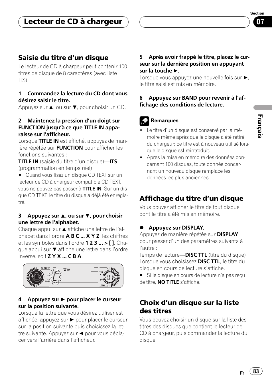 Saisie du titre dun disque 83, Affichage du titre dun disque 83, Choix dun disque sur la liste des | Titres 83, Lecteur de cd à chargeur, Saisie du titre dun disque, Affichage du titre dun disque, Choix dun disque sur la liste des titres | Pioneer DEH-P5500MP User Manual | Page 83 / 160