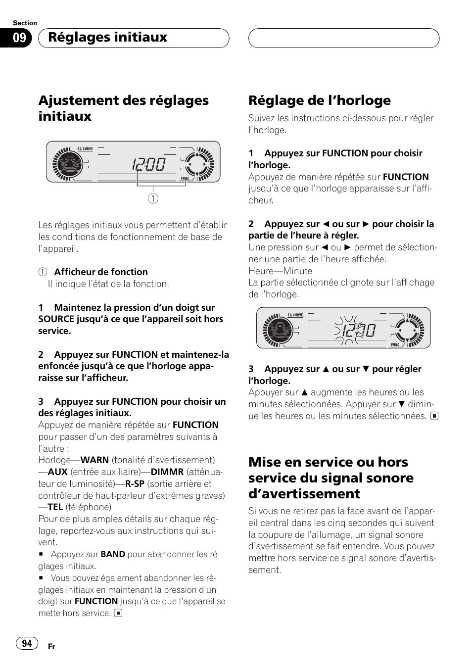 Réglages initiaux, Ajustement des réglages initiaux 94, Réglage de lhorloge 94 | Mise en service ou hors service du signal, Sonore davertissement 94, Ajustement des réglages initiaux, Réglage de lhorloge | Pioneer DEH-P5500MP User Manual | Page 94 / 160
