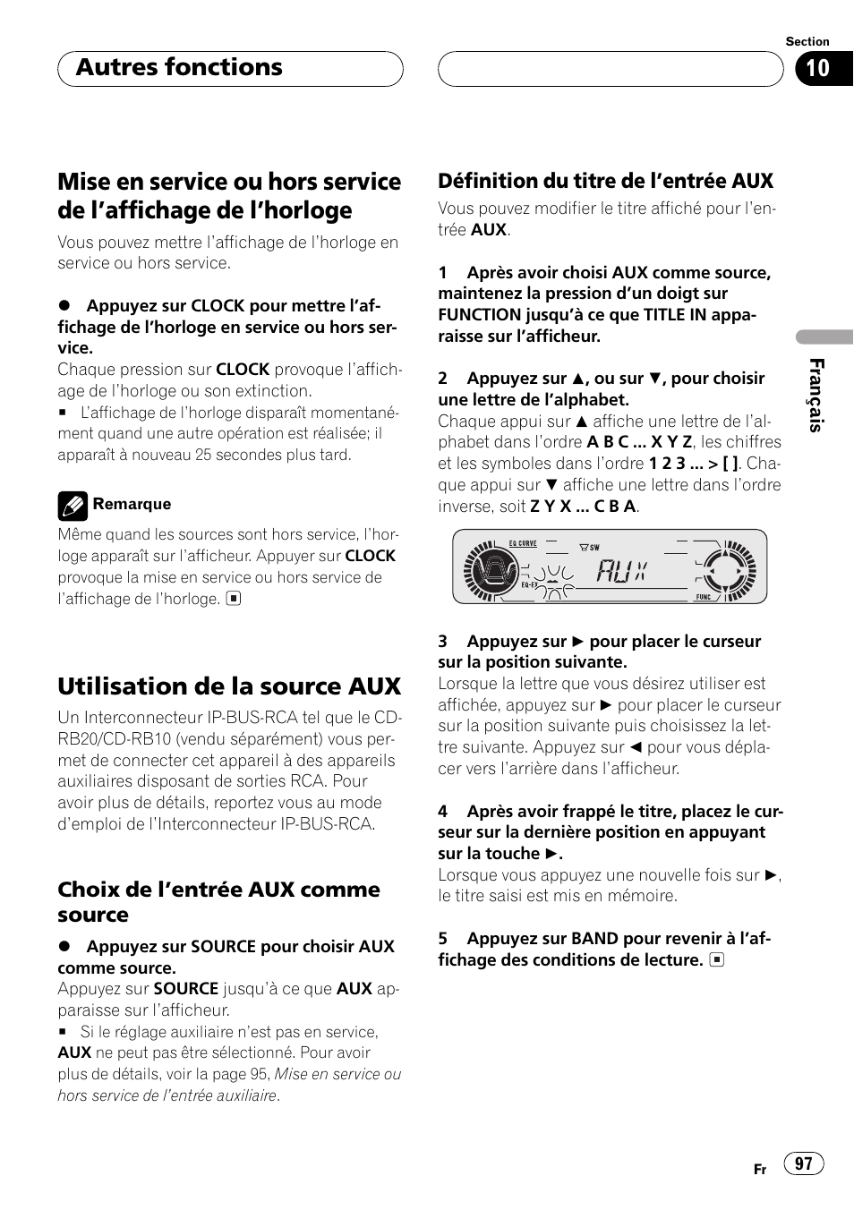 Autres fonctions, Mise en service ou hors service de laffichage, De lhorloge 97 | Utilisation de la source aux 97, Choix de lentrée aux comme, Source 97, Définition du titre de lentrée aux 97, Utilisation de la source aux | Pioneer DEH-P5500MP User Manual | Page 97 / 160