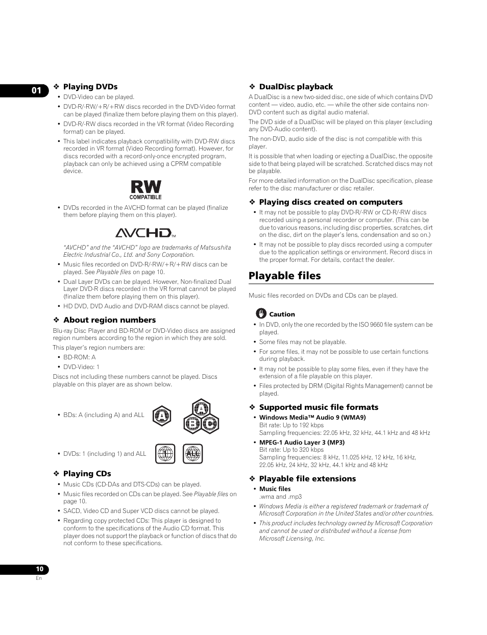 Playable files | Pioneer Elite BDP-05FD User Manual | Page 10 / 72