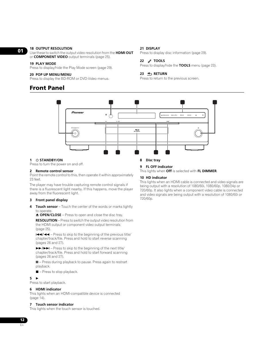 Front panel | Pioneer Elite BDP-05FD User Manual | Page 12 / 72