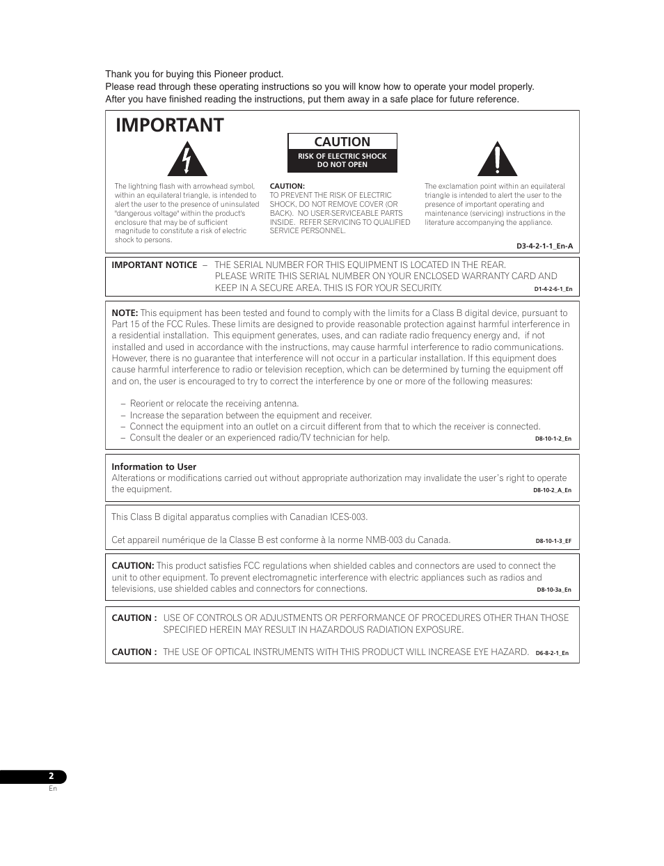 Important, Caution | Pioneer Elite BDP-05FD User Manual | Page 2 / 72