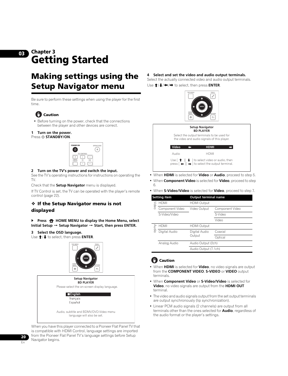 Making settings using the setup navigator menu, Getting started, Chapter 3 | If the setup navigator menu is not displayed | Pioneer Elite BDP-05FD User Manual | Page 20 / 72