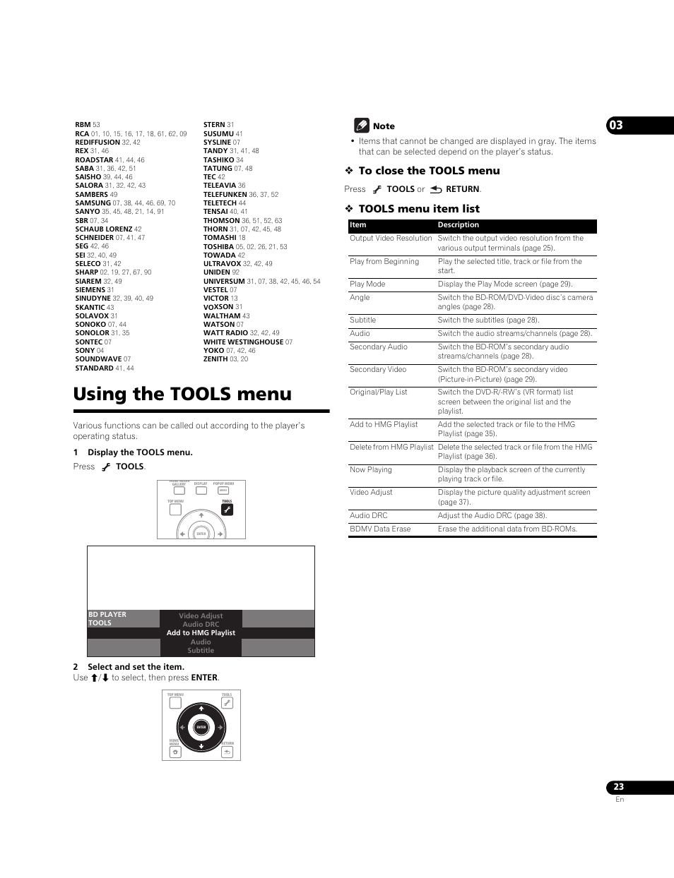 Using the tools menu, Tools menu item list | Pioneer Elite BDP-05FD User Manual | Page 23 / 72