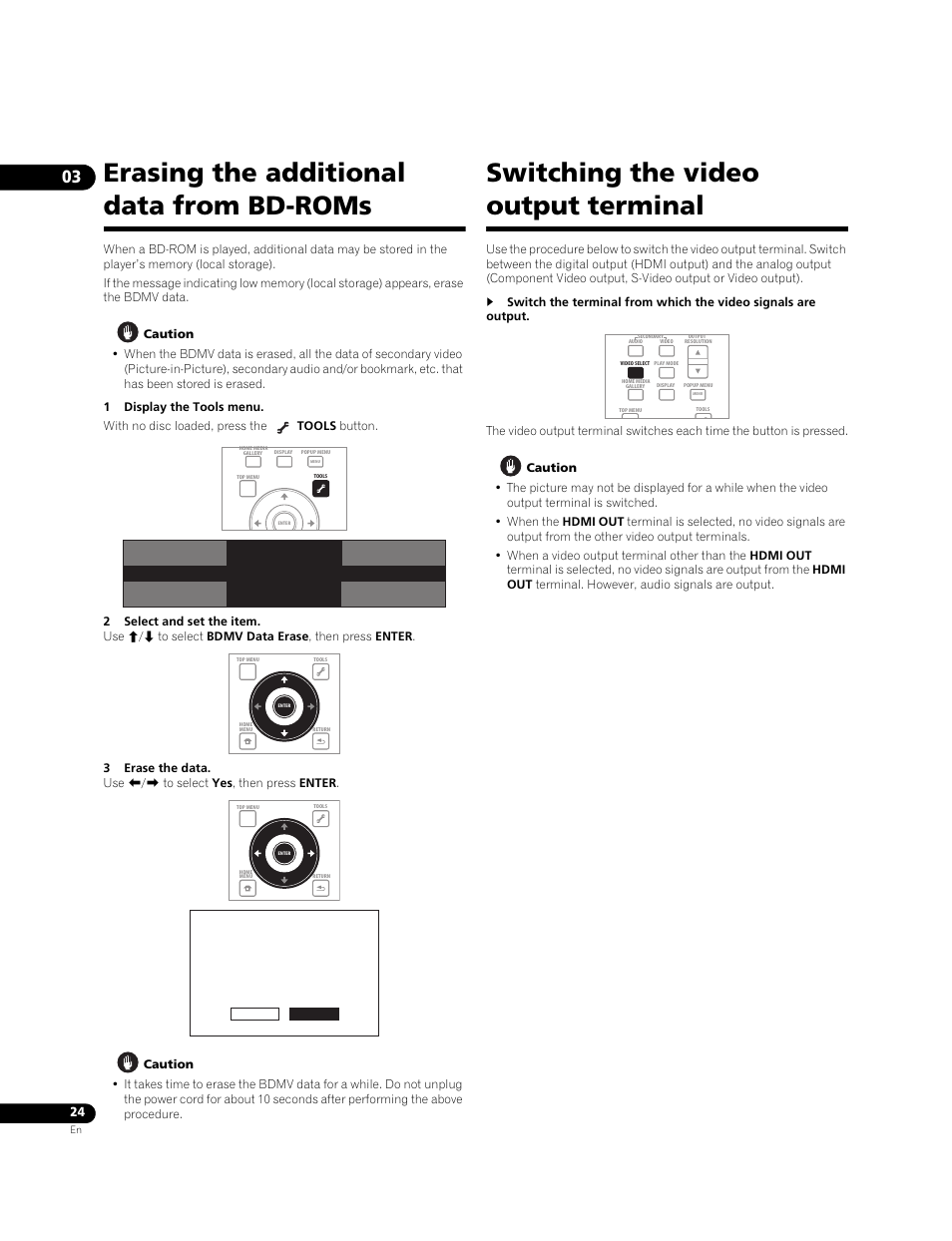 Erasing the additional data from bd-roms, Switching the video output terminal | Pioneer Elite BDP-05FD User Manual | Page 24 / 72