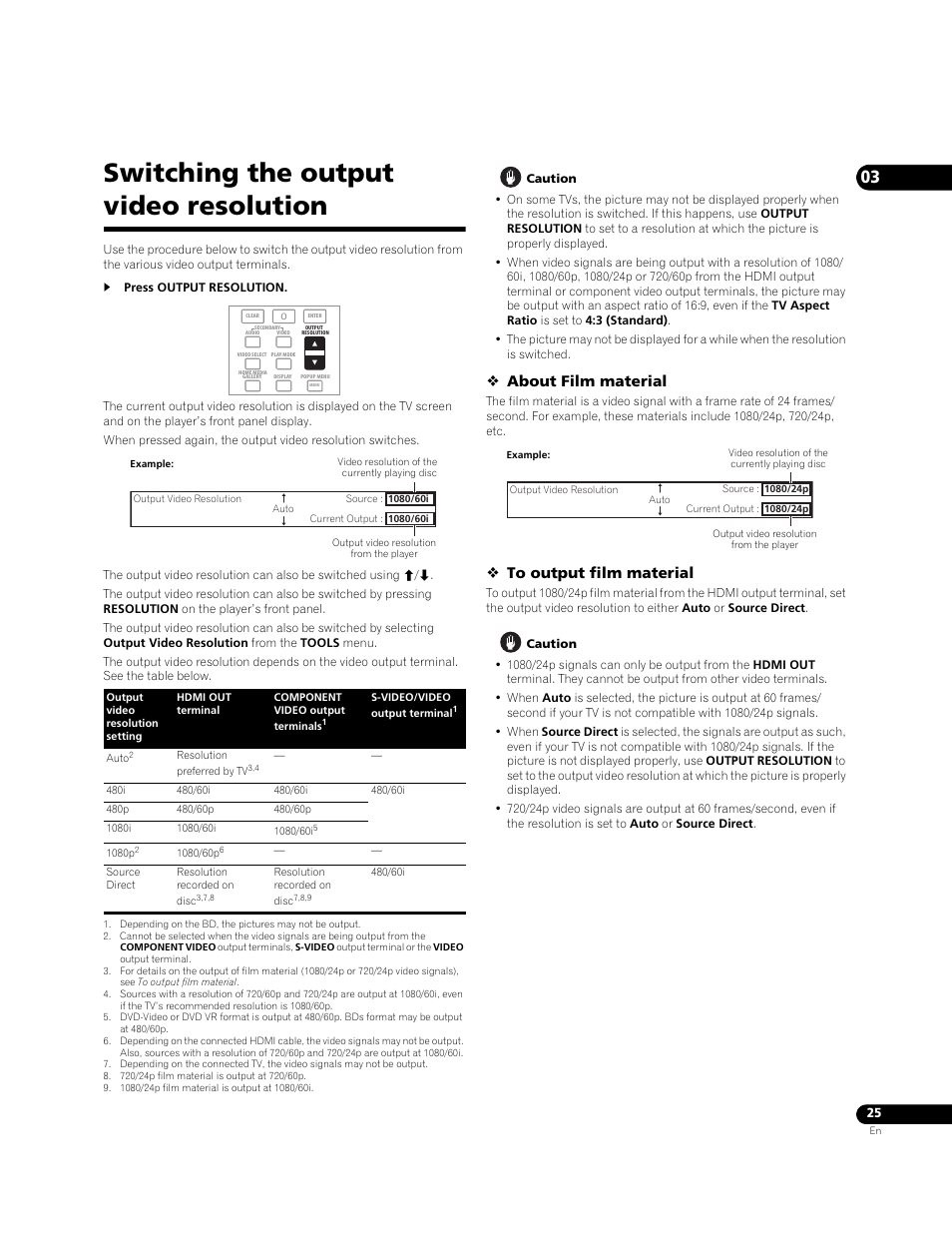 Switching the output video resolution, About film material | Pioneer Elite BDP-05FD User Manual | Page 25 / 72