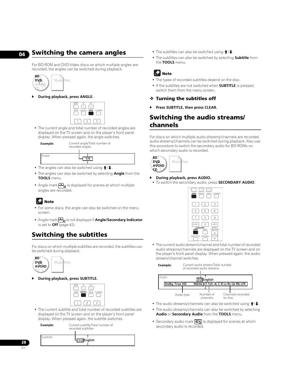 Switching the camera angles, Switching the subtitles, Switching the audio streams/ channels | Turning the subtitles off | Pioneer Elite BDP-05FD User Manual | Page 28 / 72