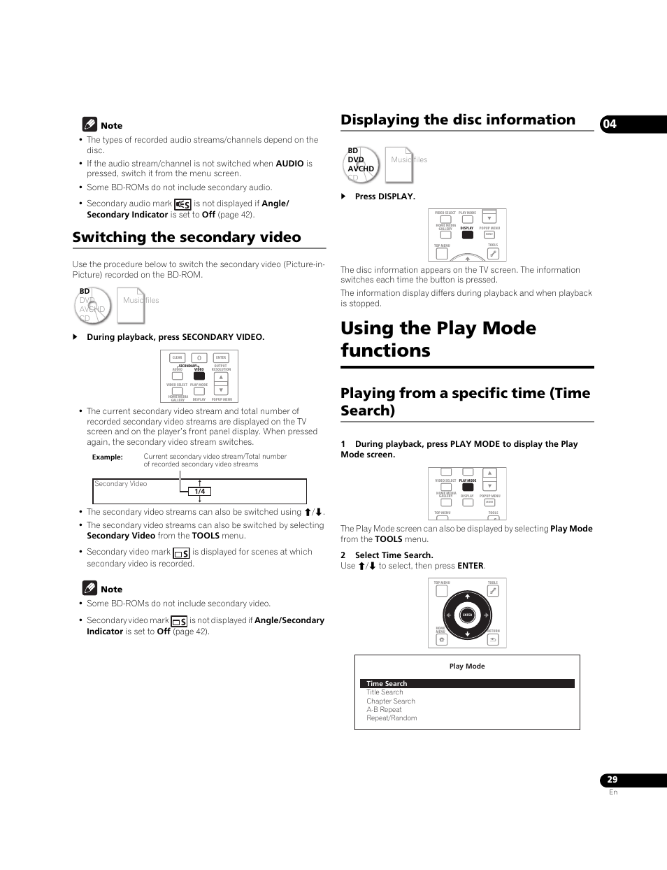 Using the play mode functions, Playing from a specific time (time search), Switching the secondary video | Displaying the disc information | Pioneer Elite BDP-05FD User Manual | Page 29 / 72