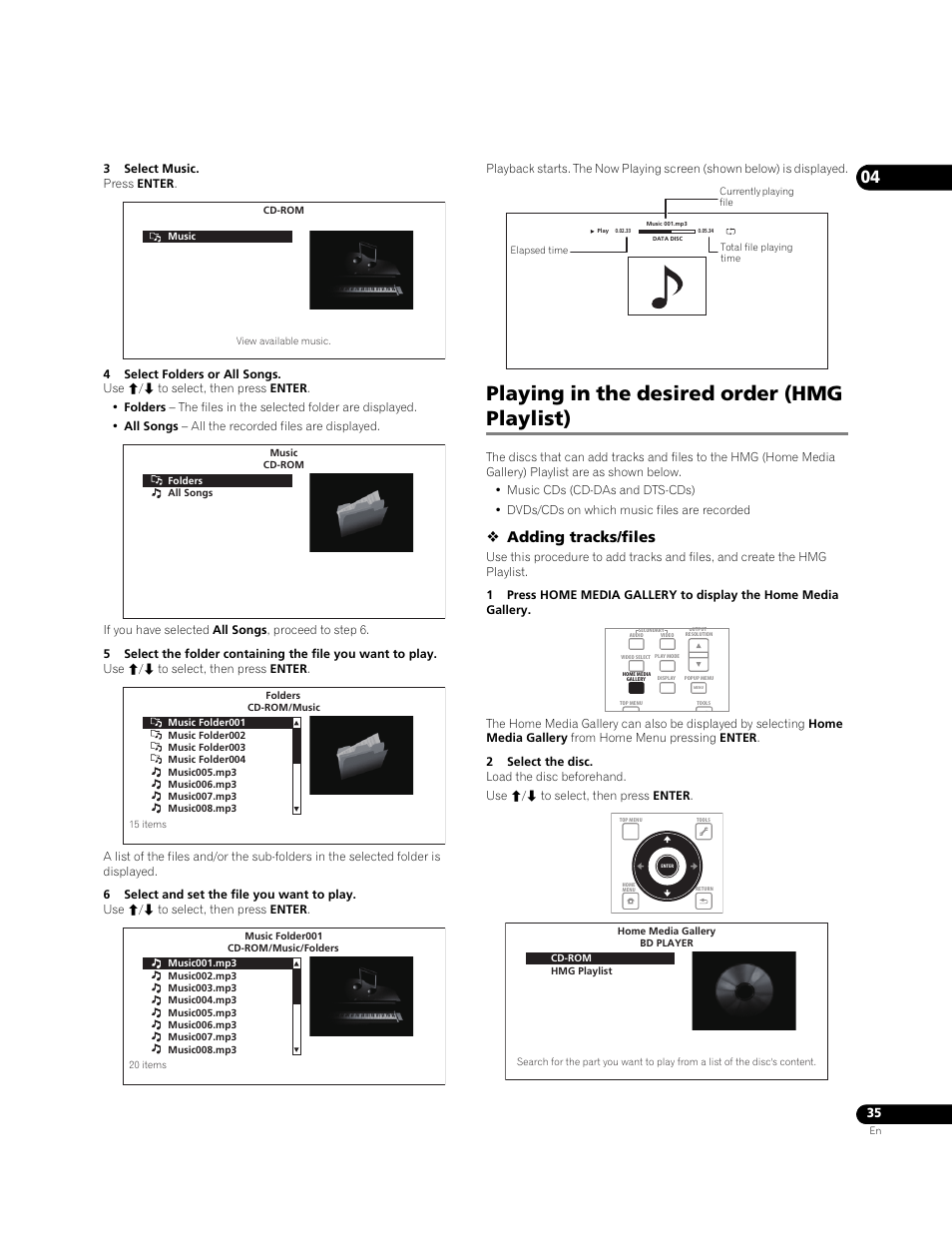 Playing in the desired order (hmg playlist), Adding tracks/files | Pioneer Elite BDP-05FD User Manual | Page 35 / 72