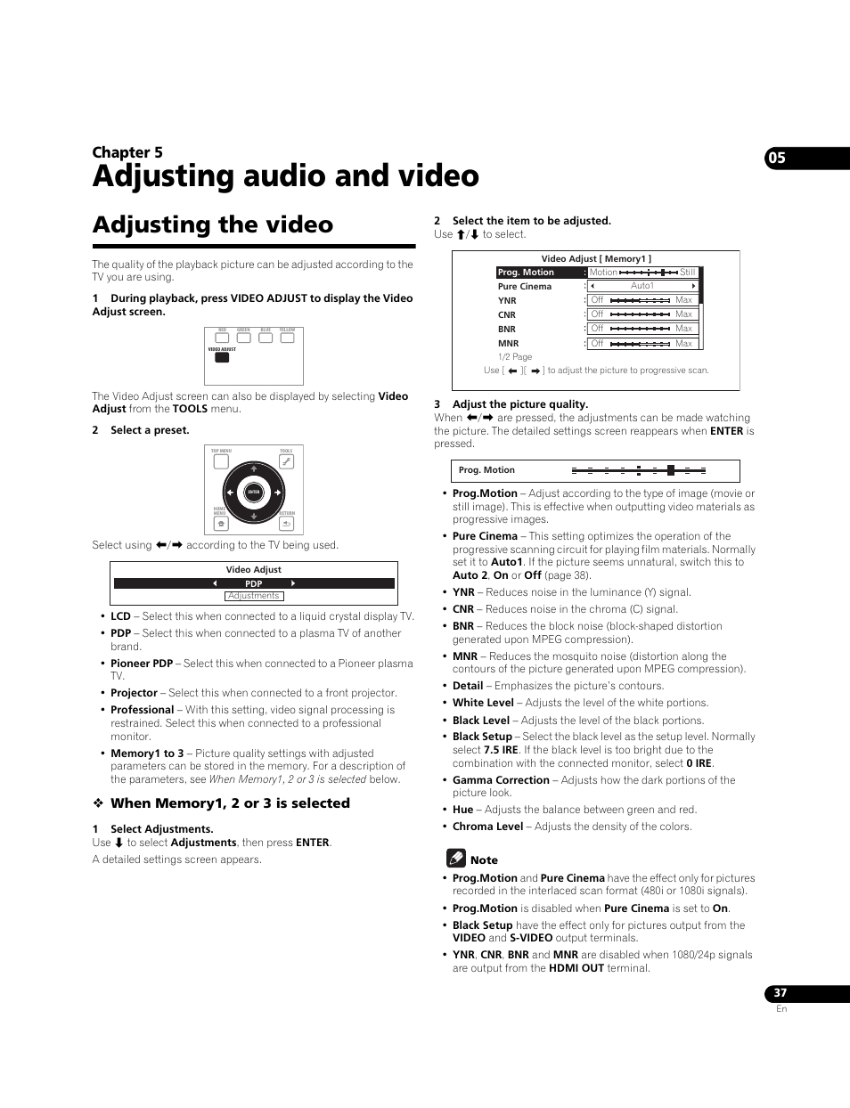 Adjusting the video, Adjusting audio and video, Chapter 5 | Pioneer Elite BDP-05FD User Manual | Page 37 / 72