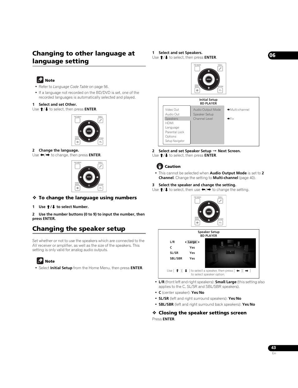 Changing to other language at language setting, Changing the speaker setup, Closing the speaker settings screen | Pioneer Elite BDP-05FD User Manual | Page 43 / 72