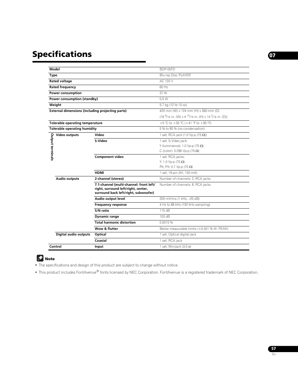Specifications | Pioneer Elite BDP-05FD User Manual | Page 57 / 72