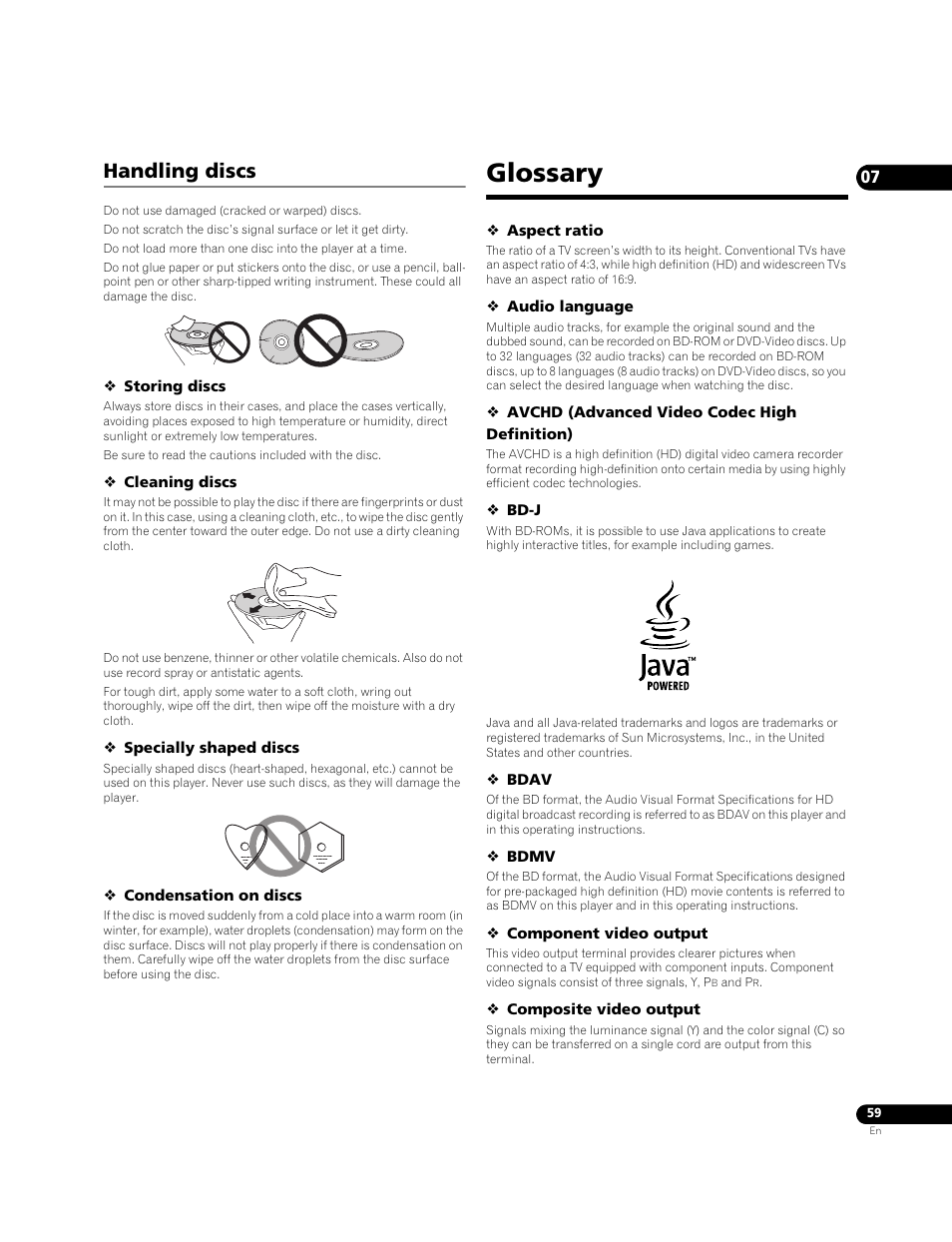 Handling discs, Glossary | Pioneer Elite BDP-05FD User Manual | Page 59 / 72