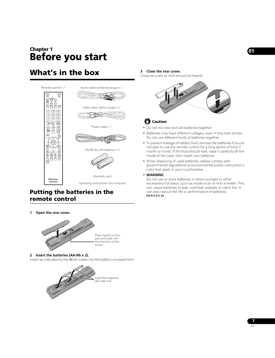 What’s in the box, Putting the batteries in the remote control, Before you start | Chapter 1 | Pioneer Elite BDP-05FD User Manual | Page 7 / 72