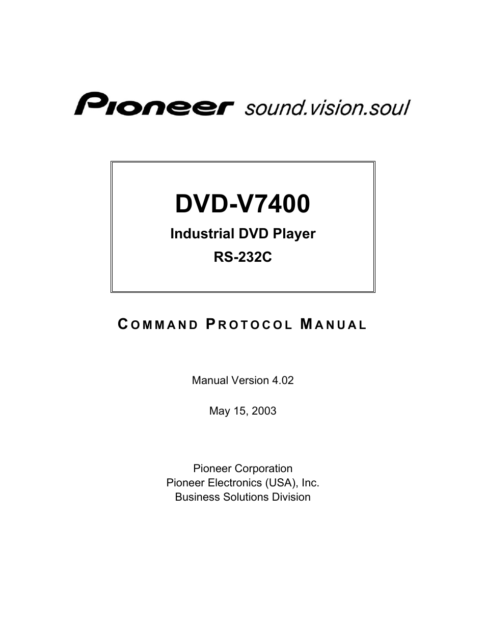 Pioneer Industrial DVD Player DVD-V7400 User Manual | 113 pages