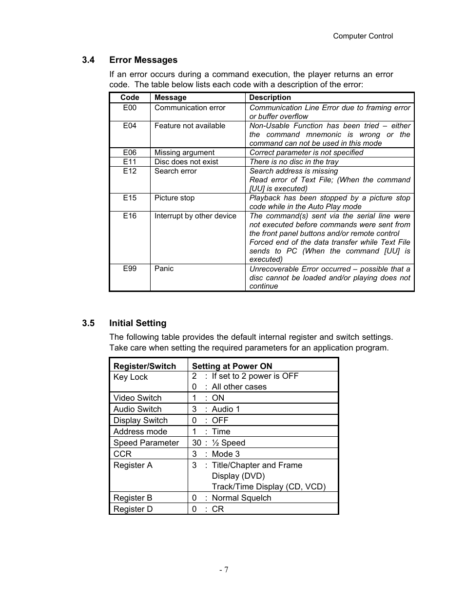 4error messages, 5initial setting, 4 error | Messages, 5 initial, Setting | Pioneer Industrial DVD Player DVD-V7400 User Manual | Page 14 / 113