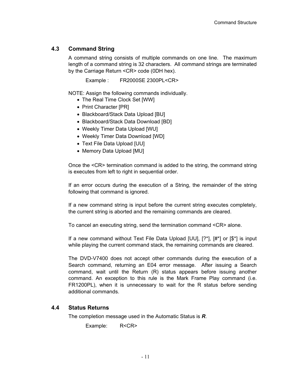 3command string, 4status returns, 3 command | String, 4 status, Returns | Pioneer Industrial DVD Player DVD-V7400 User Manual | Page 18 / 113