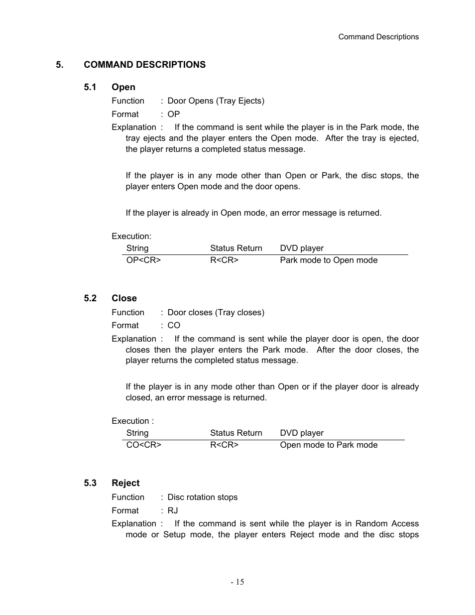 Command descriptions, 1open, 2close | 3reject, Command, Descriptions, 1 open 5.2 close 5.3 reject | Pioneer Industrial DVD Player DVD-V7400 User Manual | Page 22 / 113