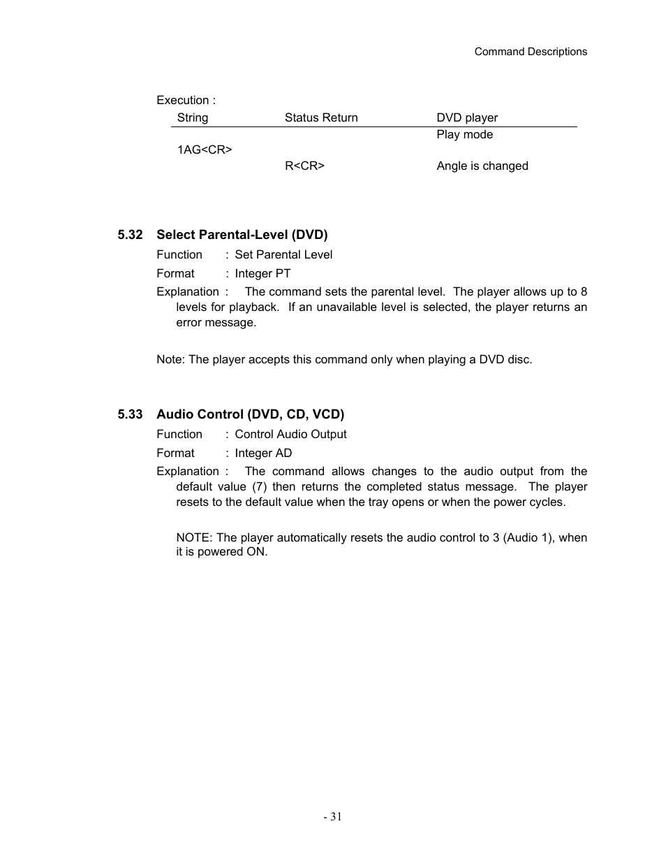 32select parental-level (dvd), 33audio control (dvd, cd, vcd) | Pioneer Industrial DVD Player DVD-V7400 User Manual | Page 38 / 113