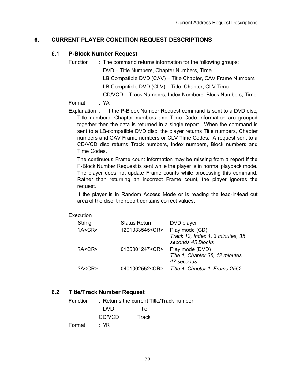 Current player condition request descriptions, 1p-block number request, 2title/track number request | P-block number request, 2 title/track, Number, Request | Pioneer Industrial DVD Player DVD-V7400 User Manual | Page 62 / 113