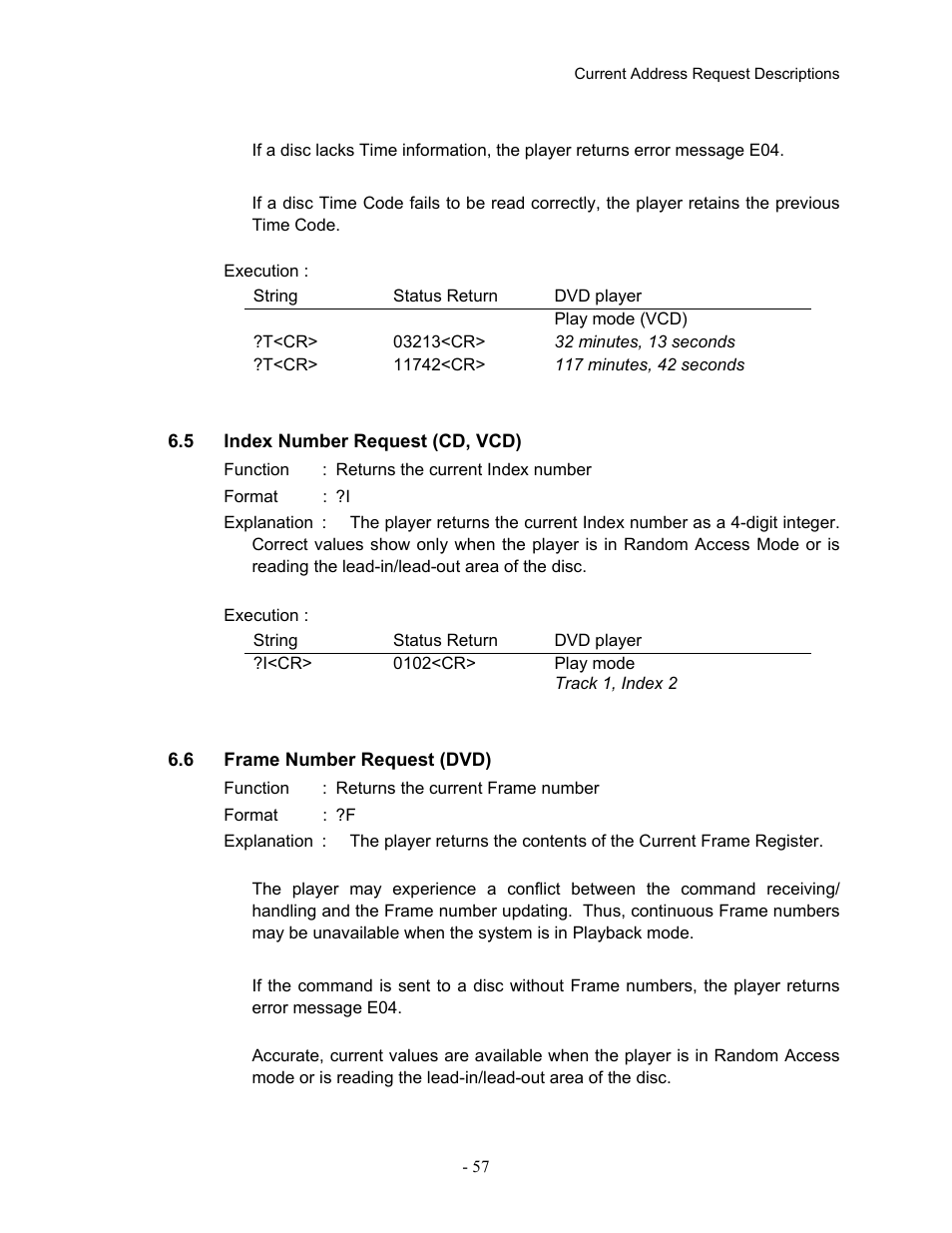 5index number request (cd, vcd), 6frame number request (dvd), Index number request (cd, vcd) | Frame number request (dvd) | Pioneer Industrial DVD Player DVD-V7400 User Manual | Page 64 / 113