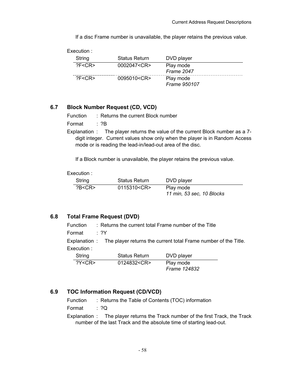 7block number request (cd, vcd), 8total frame request (dvd), 9toc information request (cd/vcd) | Block number request (cd, vcd), Total frame request (dvd), Toc information request (cd/vcd) | Pioneer Industrial DVD Player DVD-V7400 User Manual | Page 65 / 113