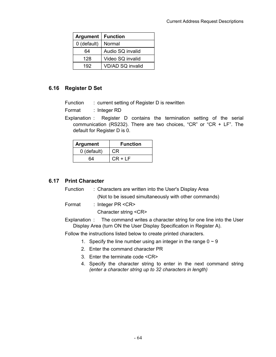 16register d set, 17print character, 16 register d set 6.17 print | Character | Pioneer Industrial DVD Player DVD-V7400 User Manual | Page 71 / 113