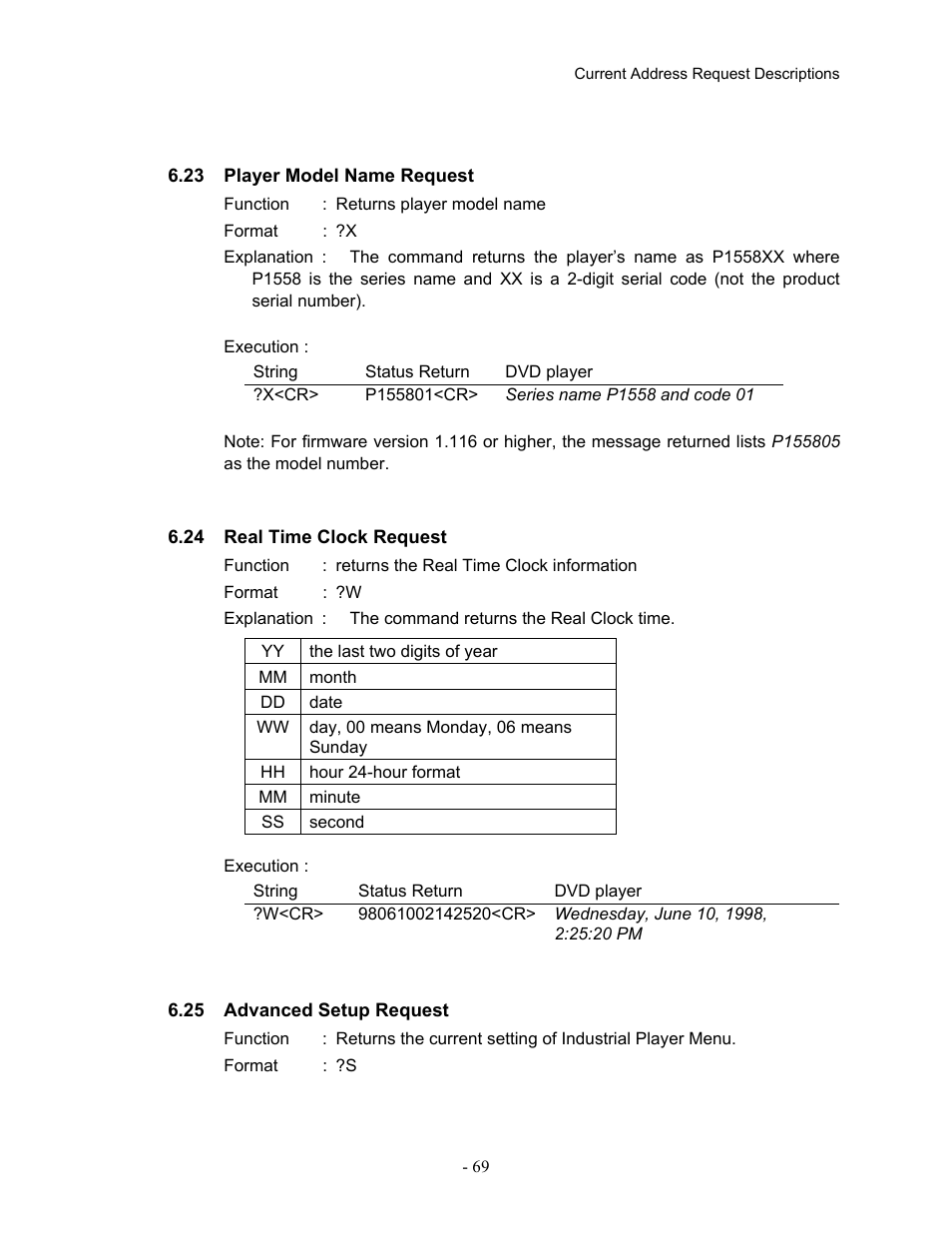 23player model name request, 24real time clock request, 25advanced setup request | Pioneer Industrial DVD Player DVD-V7400 User Manual | Page 76 / 113
