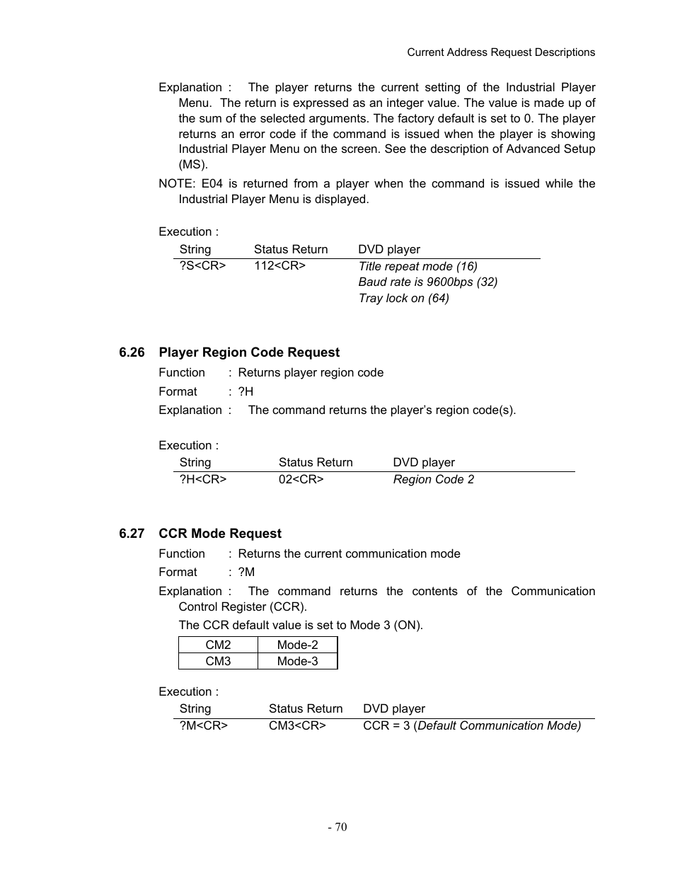 26player region code request, 27ccr mode request, 26 player region code request 6.27 ccr | Mode, Request | Pioneer Industrial DVD Player DVD-V7400 User Manual | Page 77 / 113