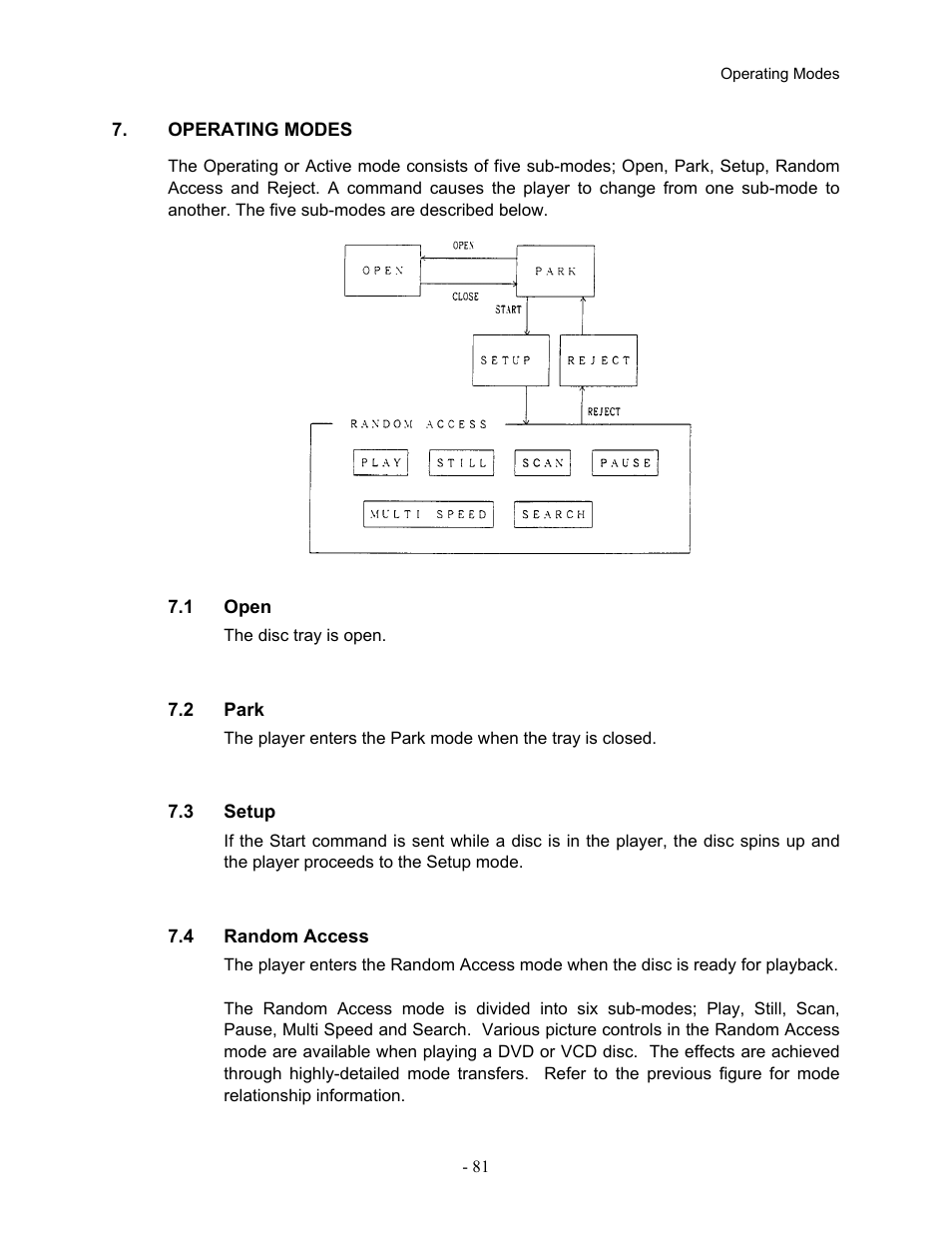 Operating modes, 1open, 2park | 3setup, 4random access, Operating, Modes, 1 open 7.2 park, 3 setup 7.4 random, Access | Pioneer Industrial DVD Player DVD-V7400 User Manual | Page 88 / 113