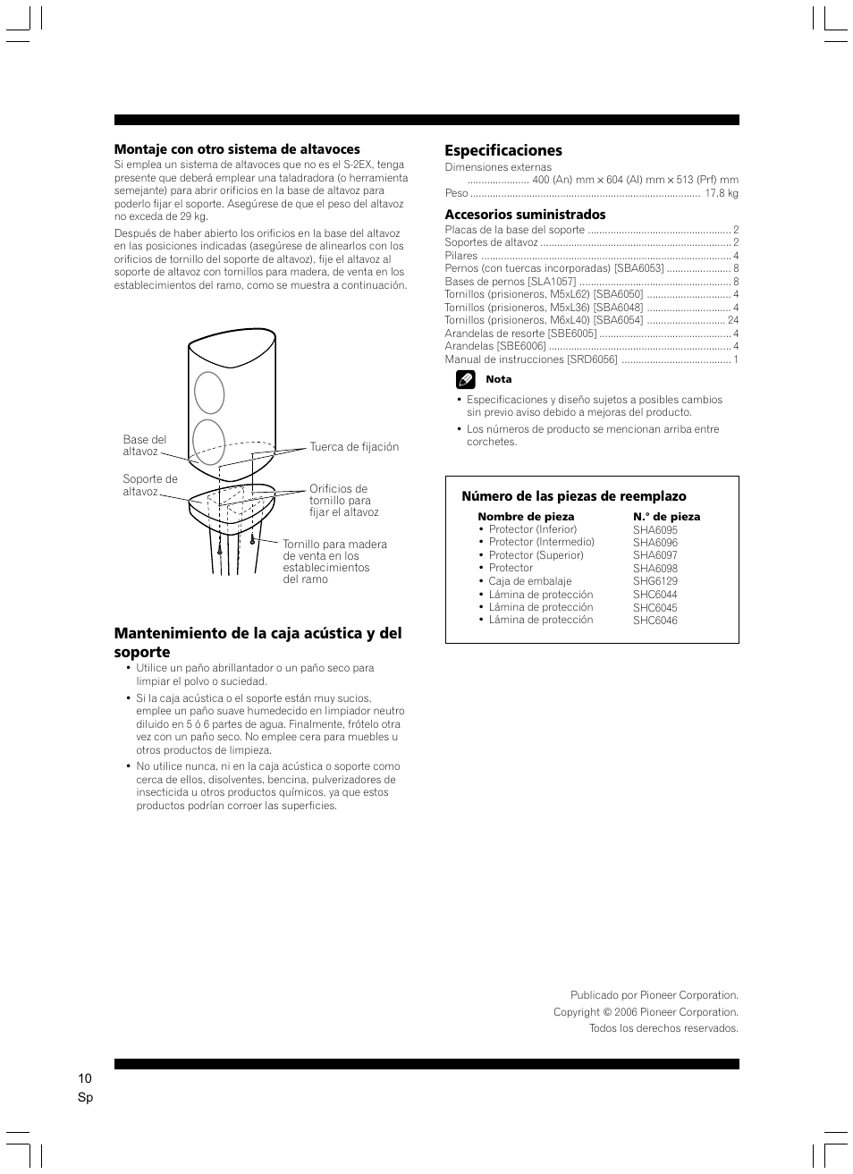 Mantenimiento de la caja acústica y del soporte, Especificaciones | Pioneer CP-2EX User Manual | Page 10 / 17