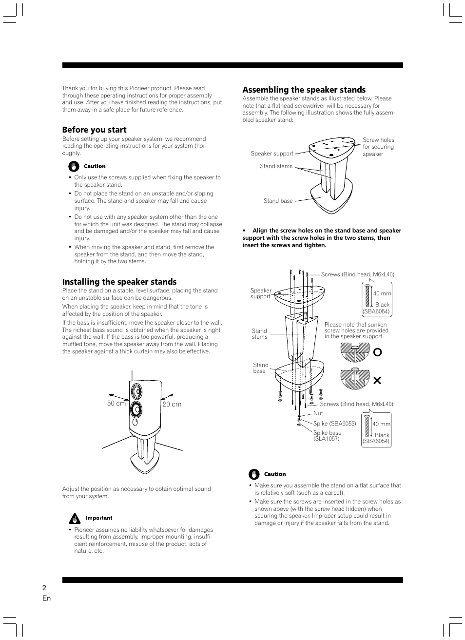 Before you start, Installing the speaker stands, Assembling the speaker stands | Pioneer CP-2EX User Manual | Page 2 / 17