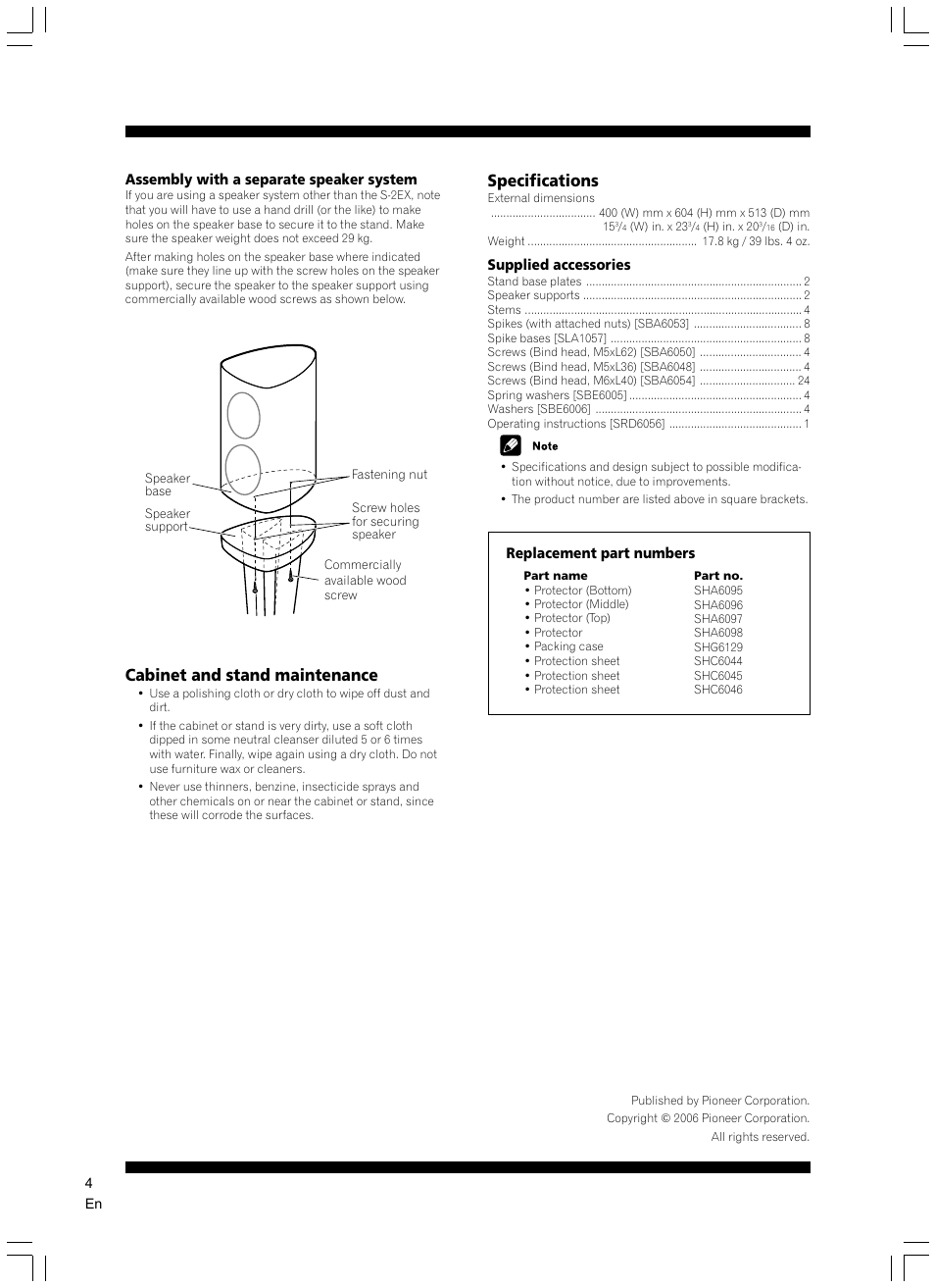 Cabinet and stand maintenance, Specifications | Pioneer CP-2EX User Manual | Page 4 / 17