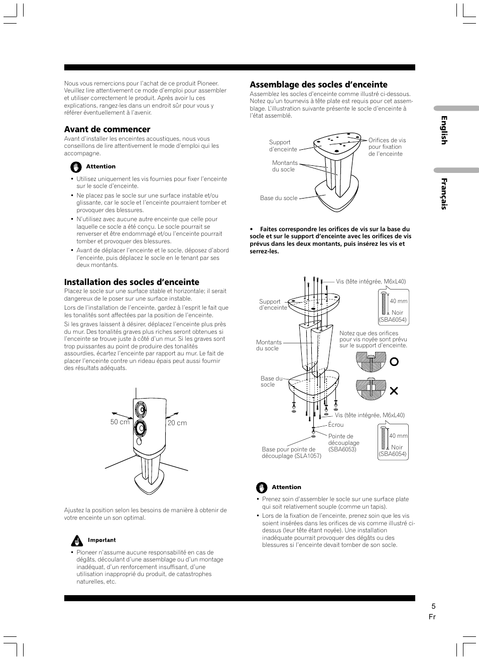 Avant de commencer, Installation des socles d’enceinte, Assemblage des socles d’enceinte | Pioneer CP-2EX User Manual | Page 5 / 17