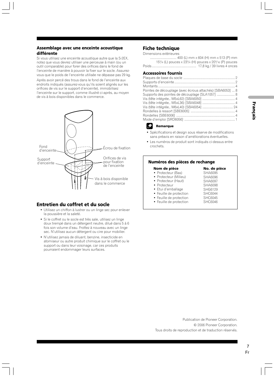 Entretien du coffret et du socle, Fiche technique | Pioneer CP-2EX User Manual | Page 7 / 17