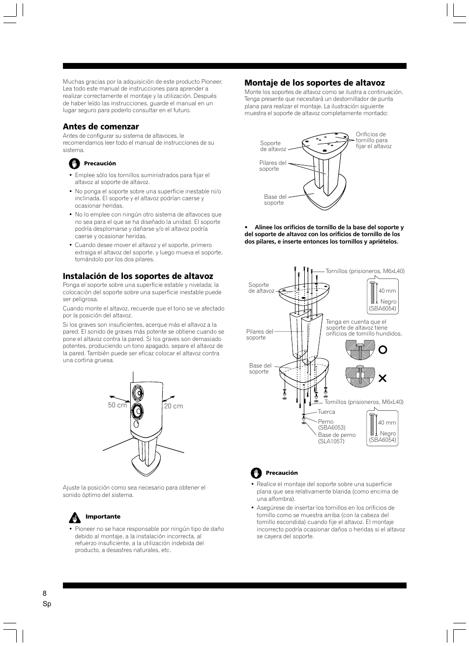 Antes de comenzar, Instalación de los soportes de altavoz, Montaje de los soportes de altavoz | Pioneer CP-2EX User Manual | Page 8 / 17