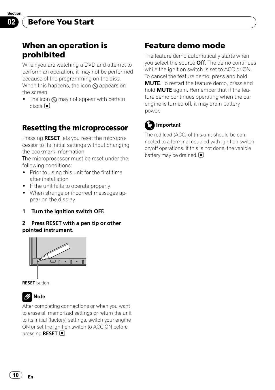 When an operation is prohibited 10, When an operation is prohibited, Resetting the microprocessor | Feature demo mode, Before you start | Pioneer AVH-P4100DVD User Manual | Page 10 / 116