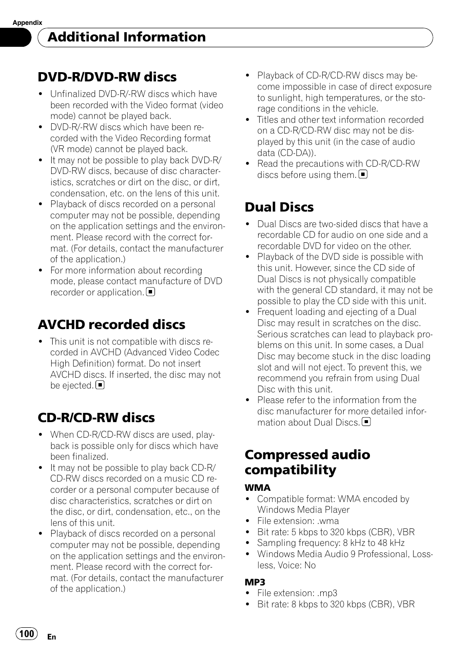 Dvd-r/dvd-rw discs, Avchd recorded discs, Cd-r/cd-rw discs | Dual discs, Compressed audio compatibility, Additional information | Pioneer AVH-P4100DVD User Manual | Page 100 / 116