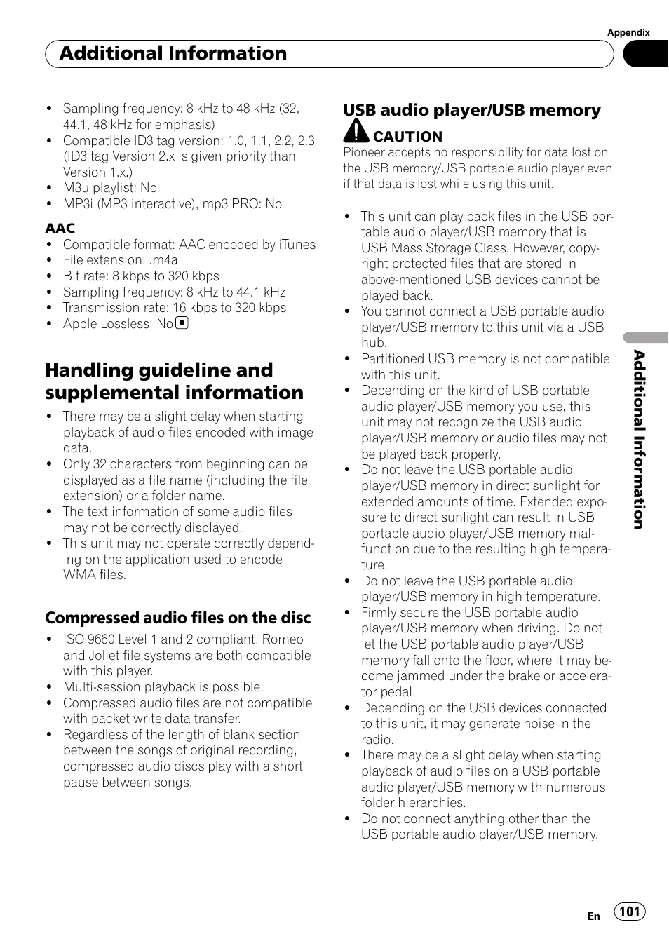 Handling guideline and supplemental, Information, Handling guideline and supplemental information | Additional information, Compressed audio files on the disc | Pioneer AVH-P4100DVD User Manual | Page 101 / 116