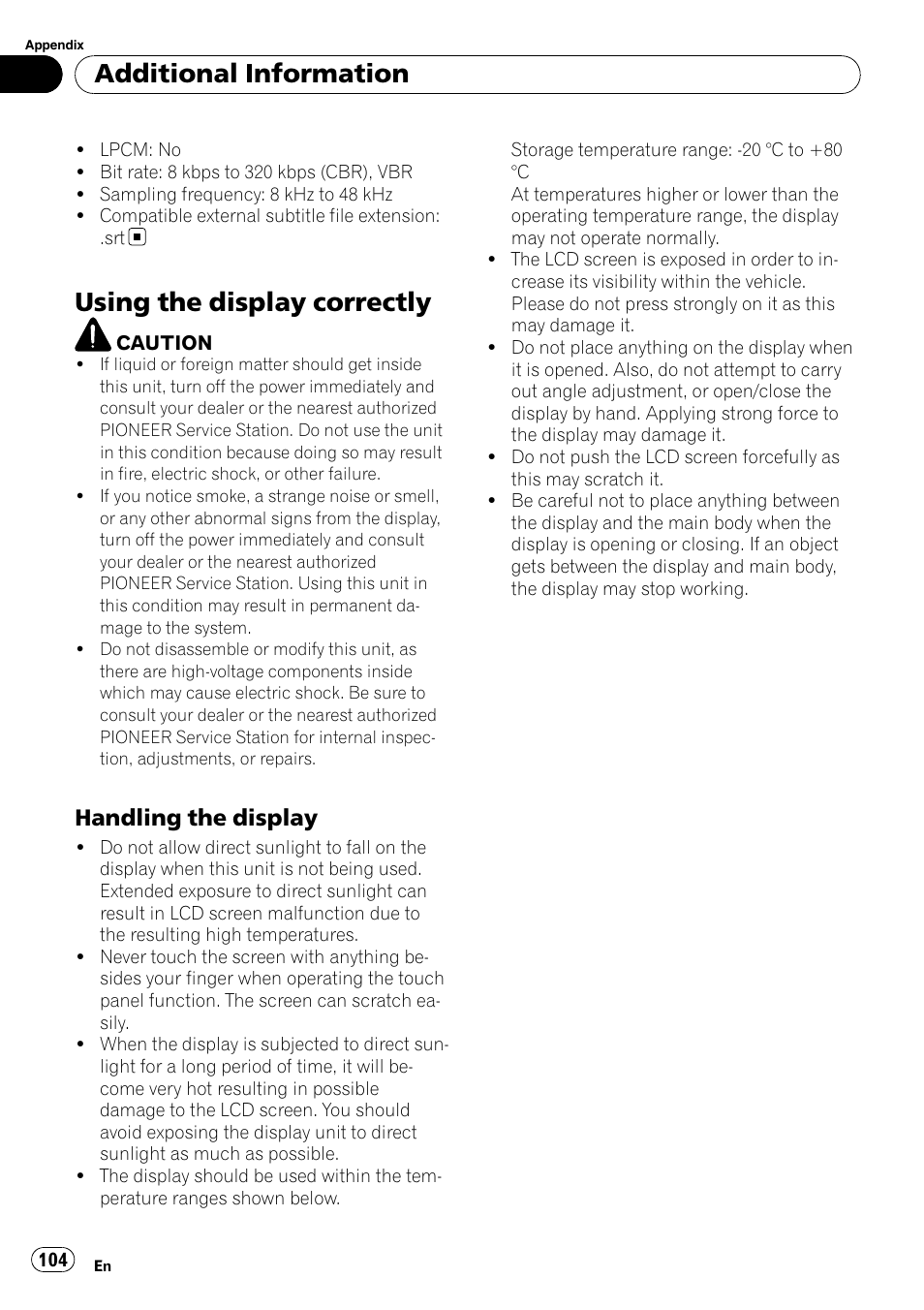 Using the display correctly, Additional information, Handling the display | Pioneer AVH-P4100DVD User Manual | Page 104 / 116