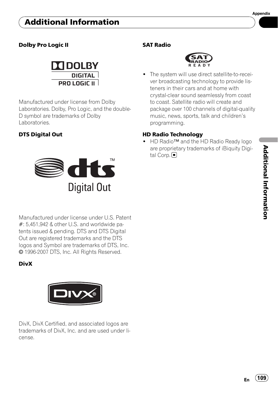 Additional information | Pioneer AVH-P4100DVD User Manual | Page 109 / 116