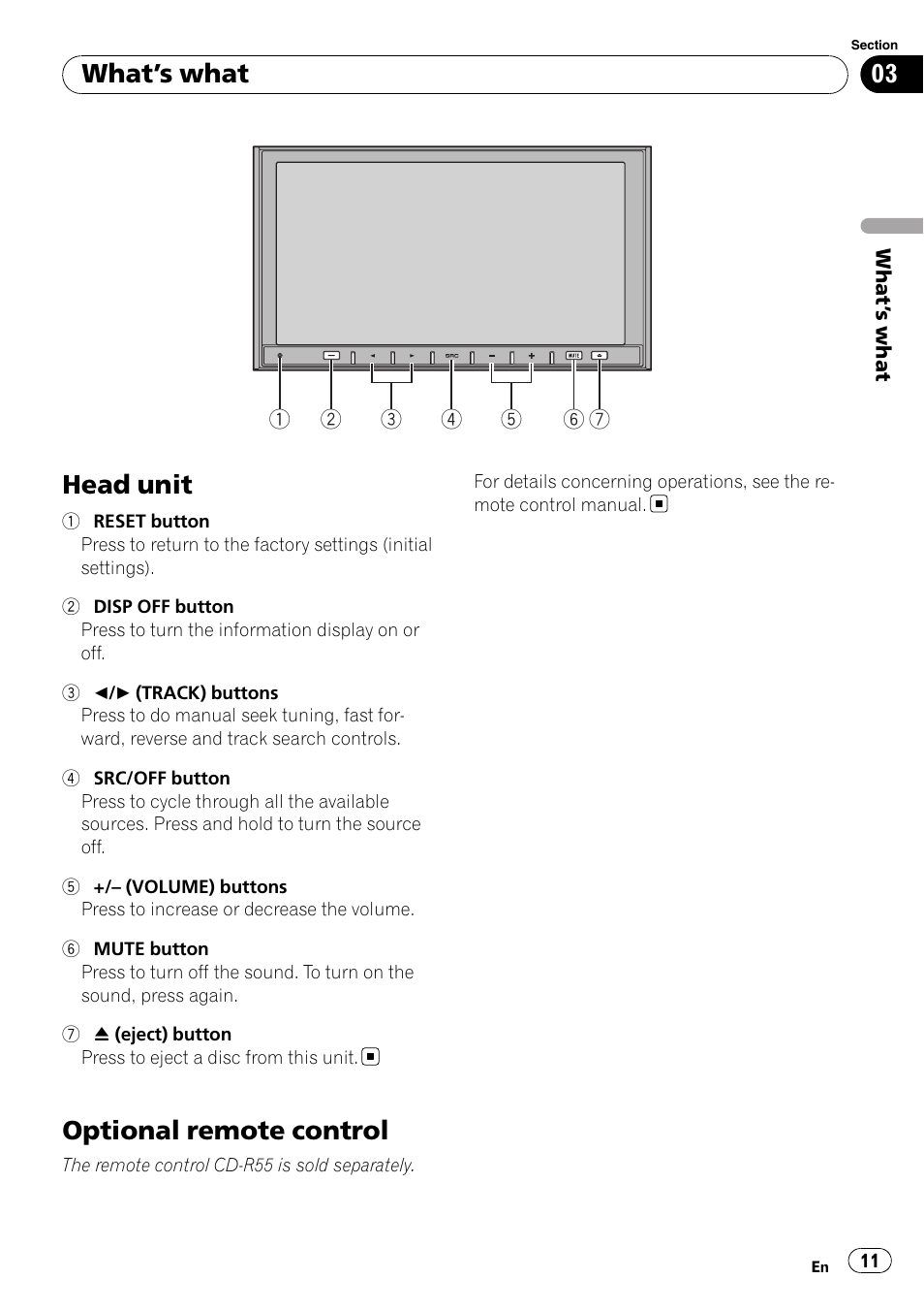 What, S what, Head unit | Optional remote control, What ’s what | Pioneer AVH-P4100DVD User Manual | Page 11 / 116
