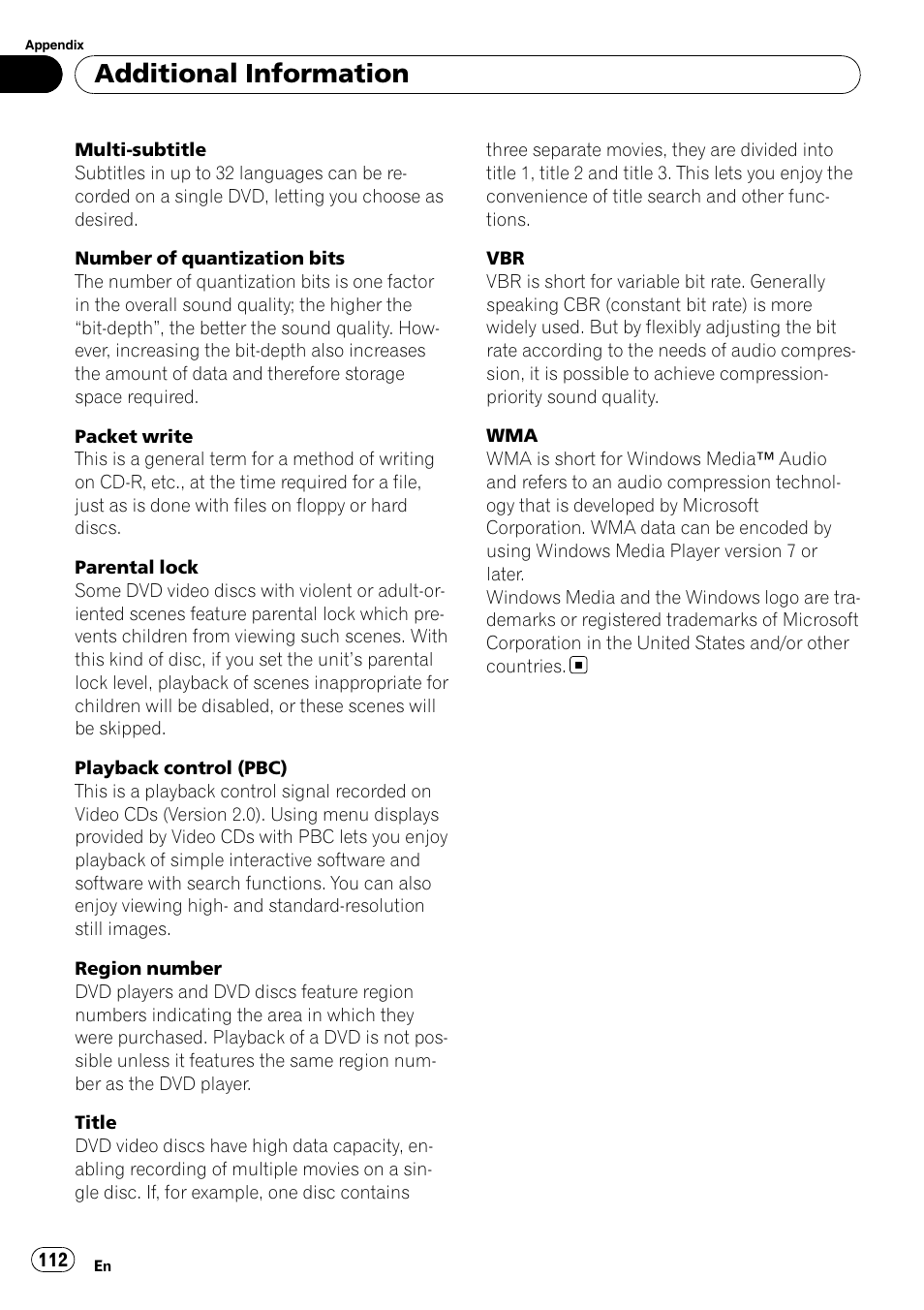 Additional information | Pioneer AVH-P4100DVD User Manual | Page 112 / 116