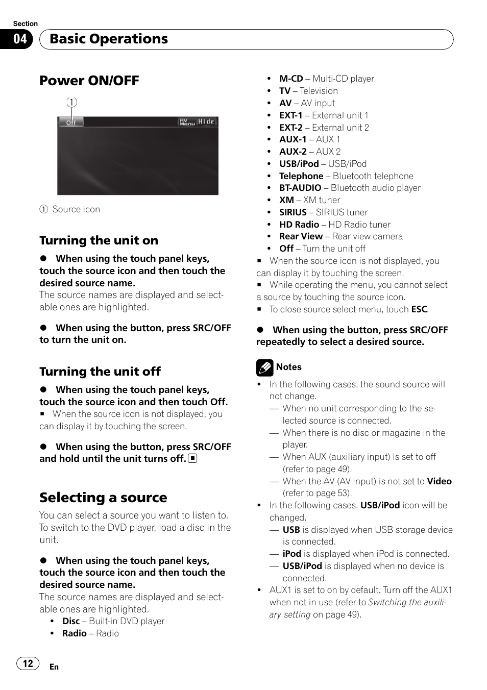 Basic operations power on/off, Selecting a source, Power on/off | Basic operations, Turning the unit on, Turning the unit off | Pioneer AVH-P4100DVD User Manual | Page 12 / 116